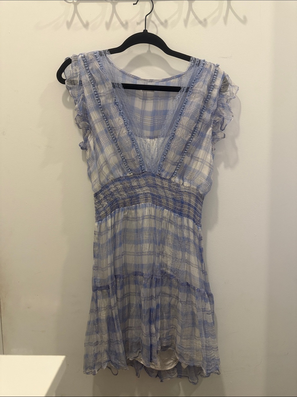 Light Blue Plaid V-Neck Mini Dress with Smocked Waist